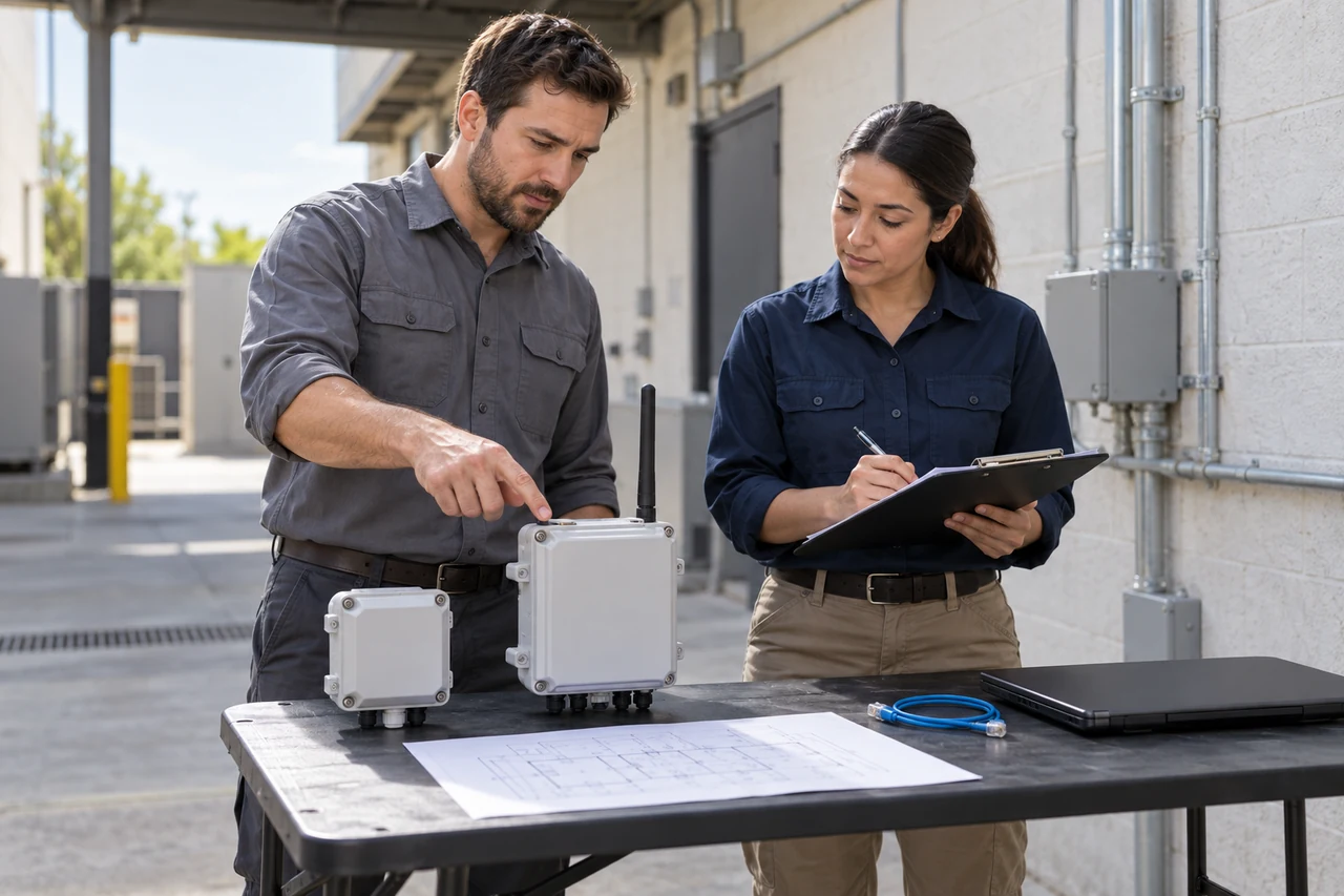 Conceptual scene of two technicians comparing unbranded endpoint and gateway enclosures during a building-network assessment.