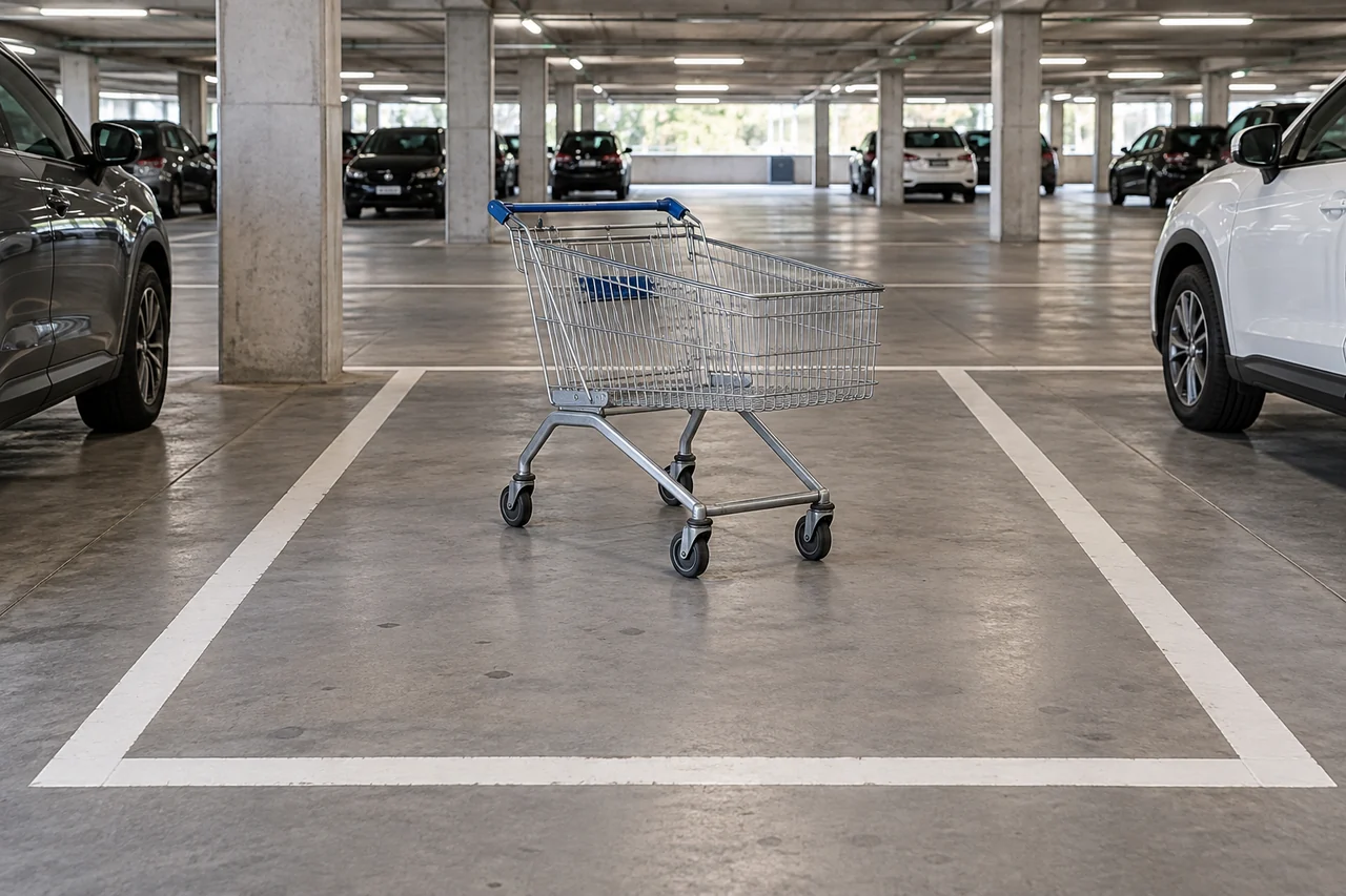 Conceptual illustration of a shopping trolley standing inside the painted boundaries of an otherwise vacant garage parking bay.
