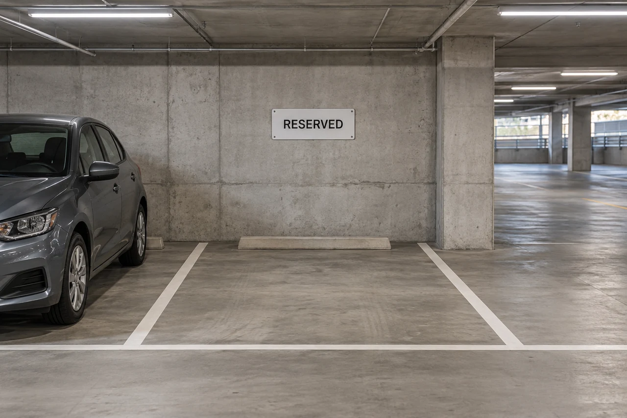 Conceptual garage scene with an empty marked parking bay and a reserved sign mounted directly above it.