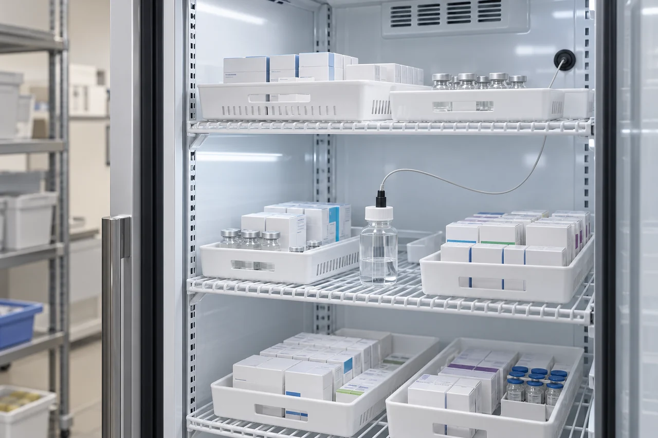 Conceptual illustration of medicine storage and a wired probe bottle inside a pharmacy refrigerator.