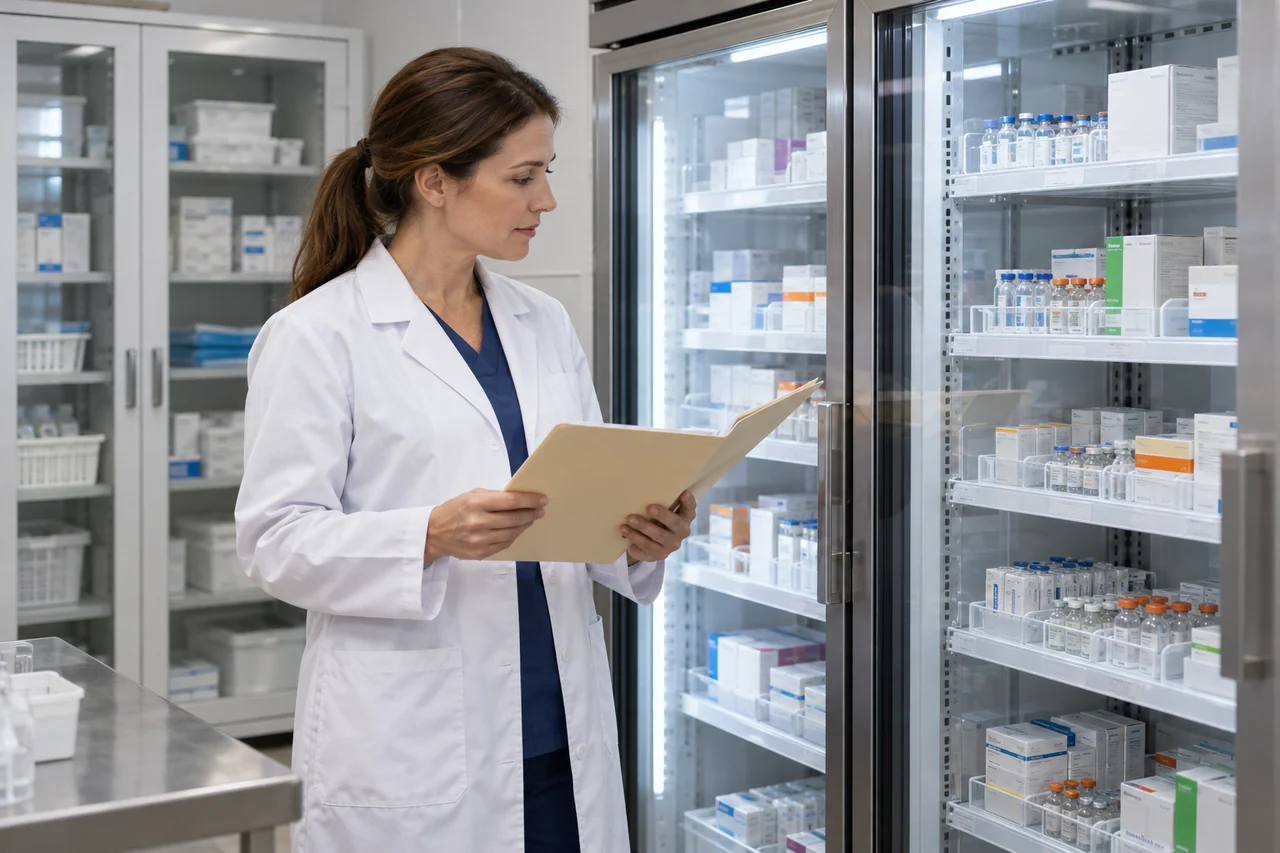 Conceptual illustration of a clinic staff member reviewing paperwork beside refrigerated medication storage.