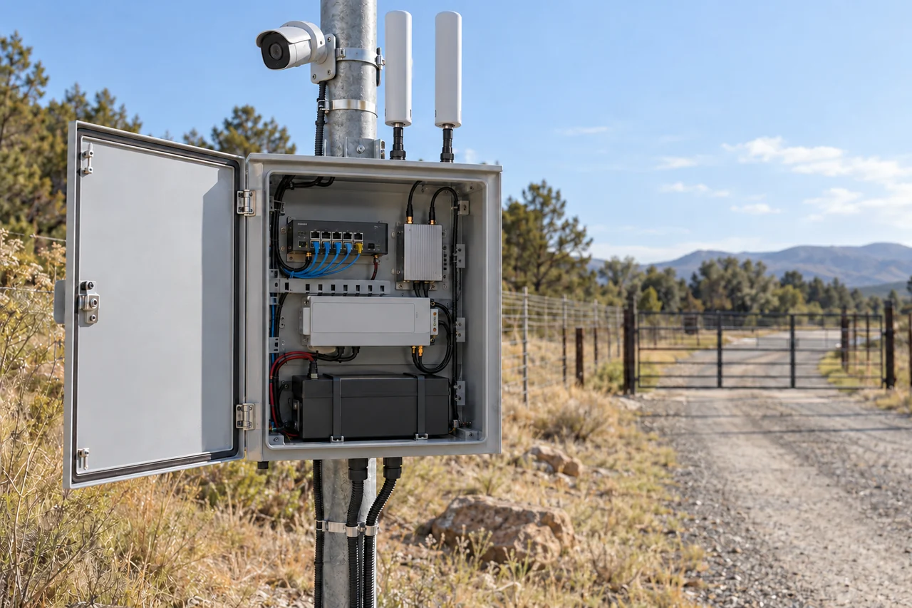 Conceptual illustration of an outdoor network cabinet with a switch, gateway, power unit, antennas and a camera beside a remote lane.