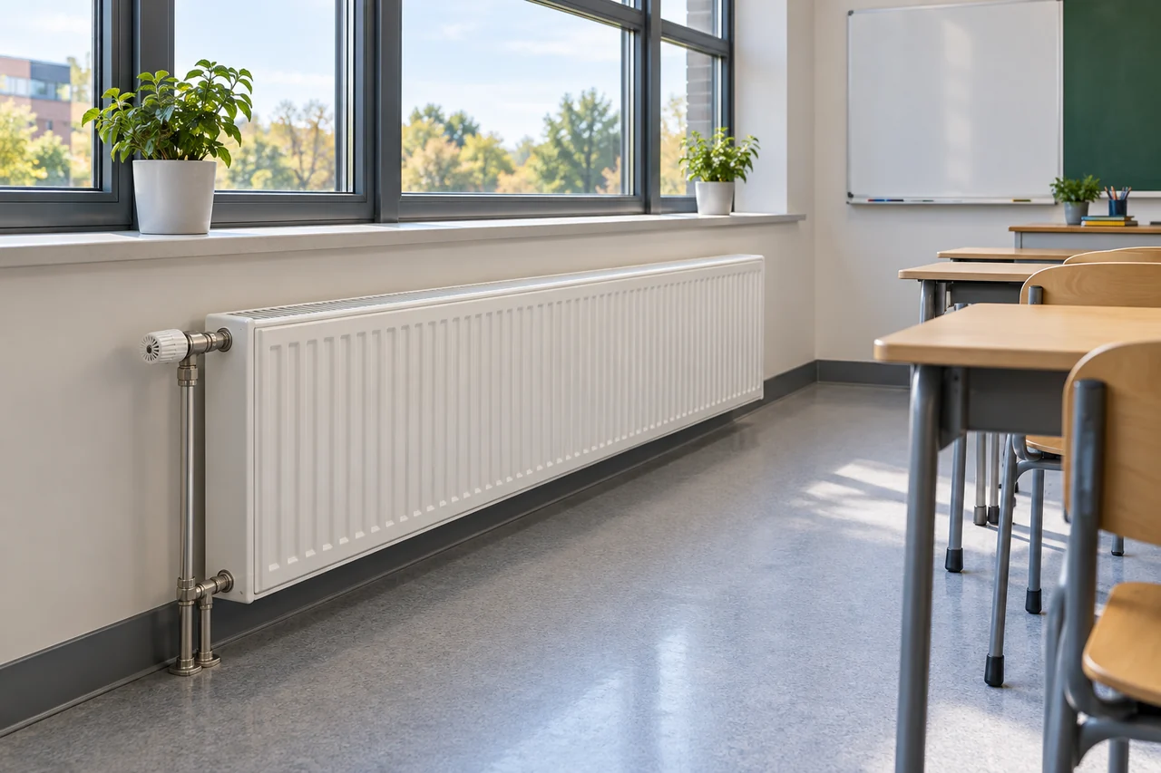 Conceptual illustration of an unobscured wet-system radiator and pipe connections beneath classroom windows.
