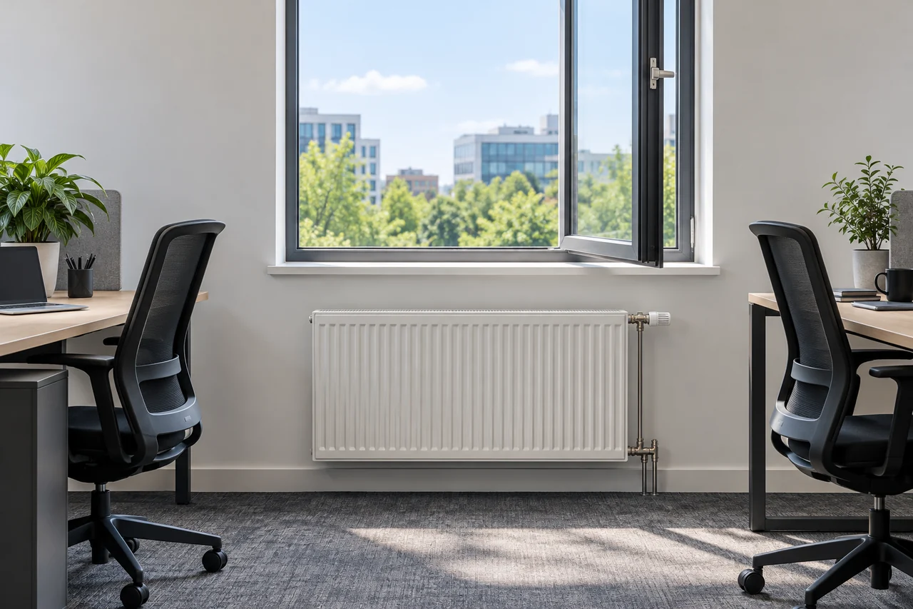 Conceptual illustration of a wet-system radiator beneath an open casement window in a shared office.