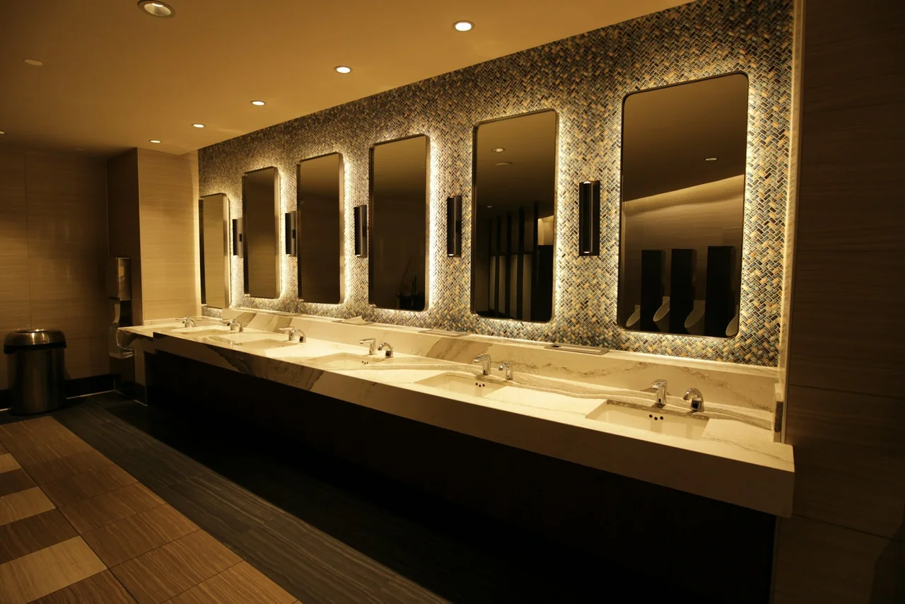 A long vanity with multiple sinks and mirrors in a public restroom.
