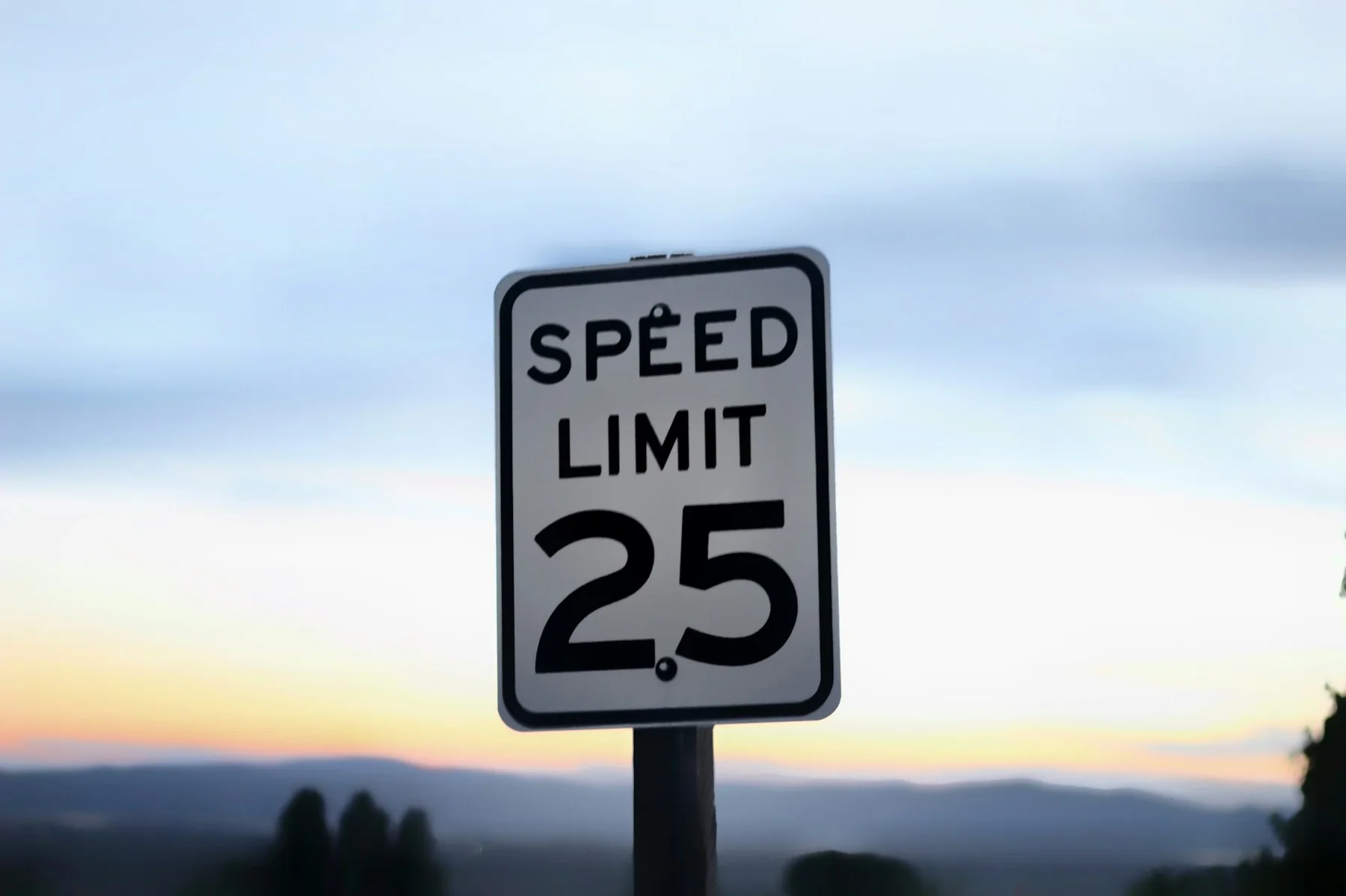 Speed-limit sign marked 25 beside an open road under a pale evening sky.