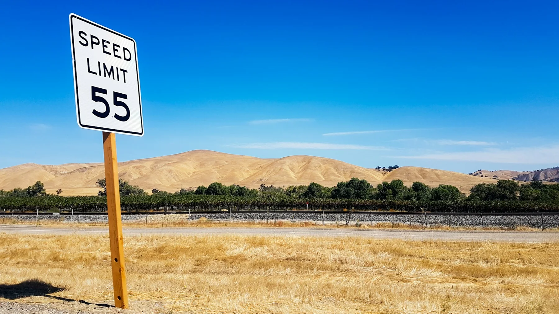 Speed-limit sign marked 55 beside a divided road in a dry open landscape.