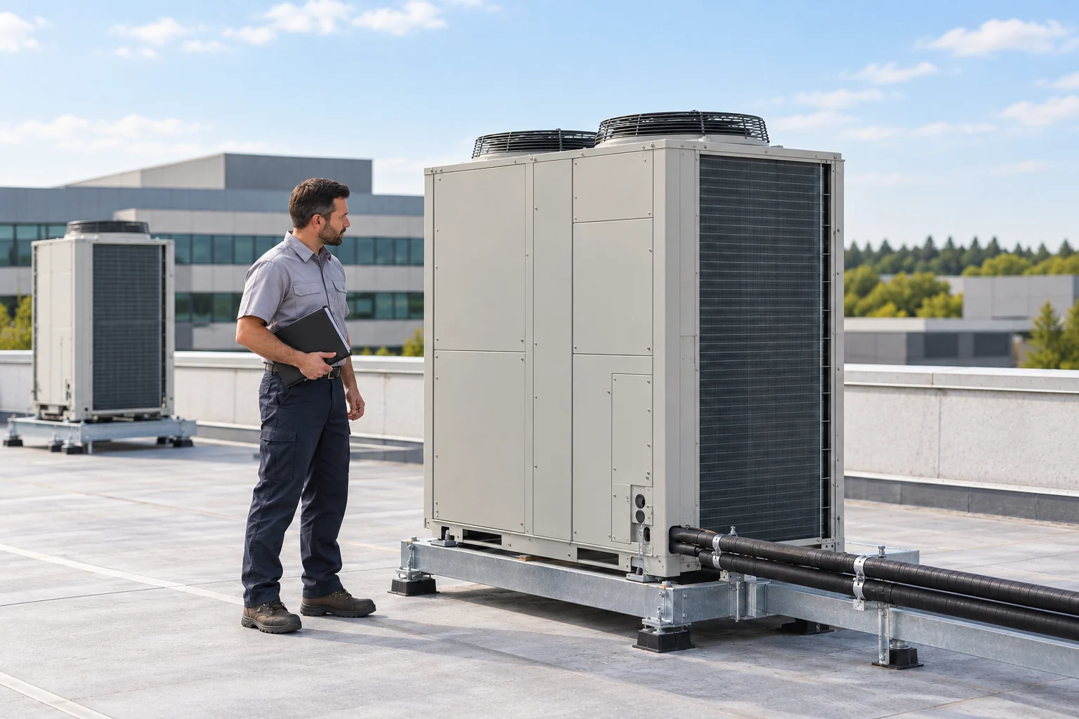 Conceptual scene of an HVAC technician assessing a commercial VRF outdoor cabinet with top fan grilles and insulated service lines.