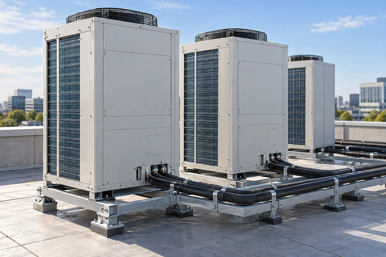 Conceptual illustration of commercial VRF outdoor cabinets and insulated service lines on a building roof.