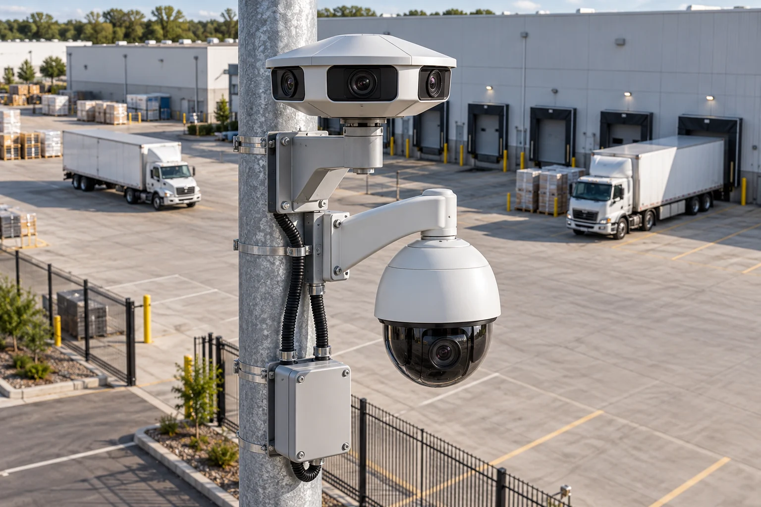 Conceptual illustration of an overview camera and a separate PTZ dome camera overlooking a commercial loading yard.