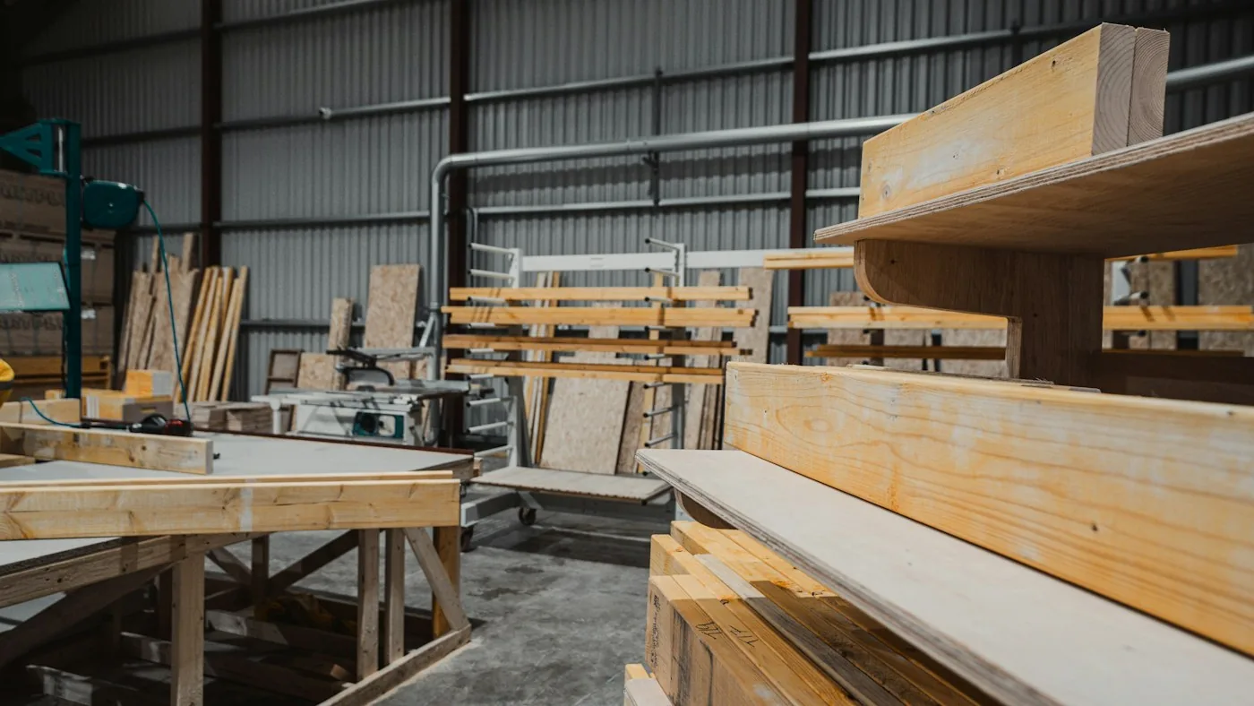 Timber, plywood and machinery fill a woodworking workshop.