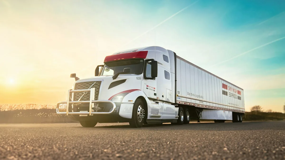 A white tractor and refrigerated trailer on a road in warm evening light.
