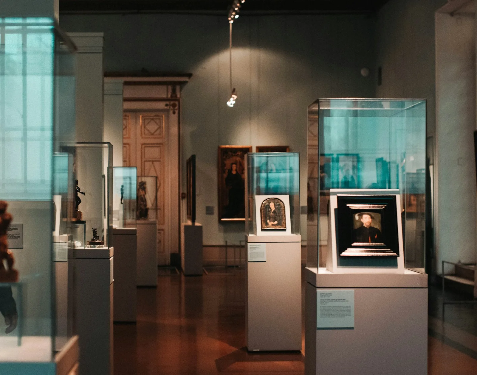Museum gallery with individually lit artifacts in glass display cases.
