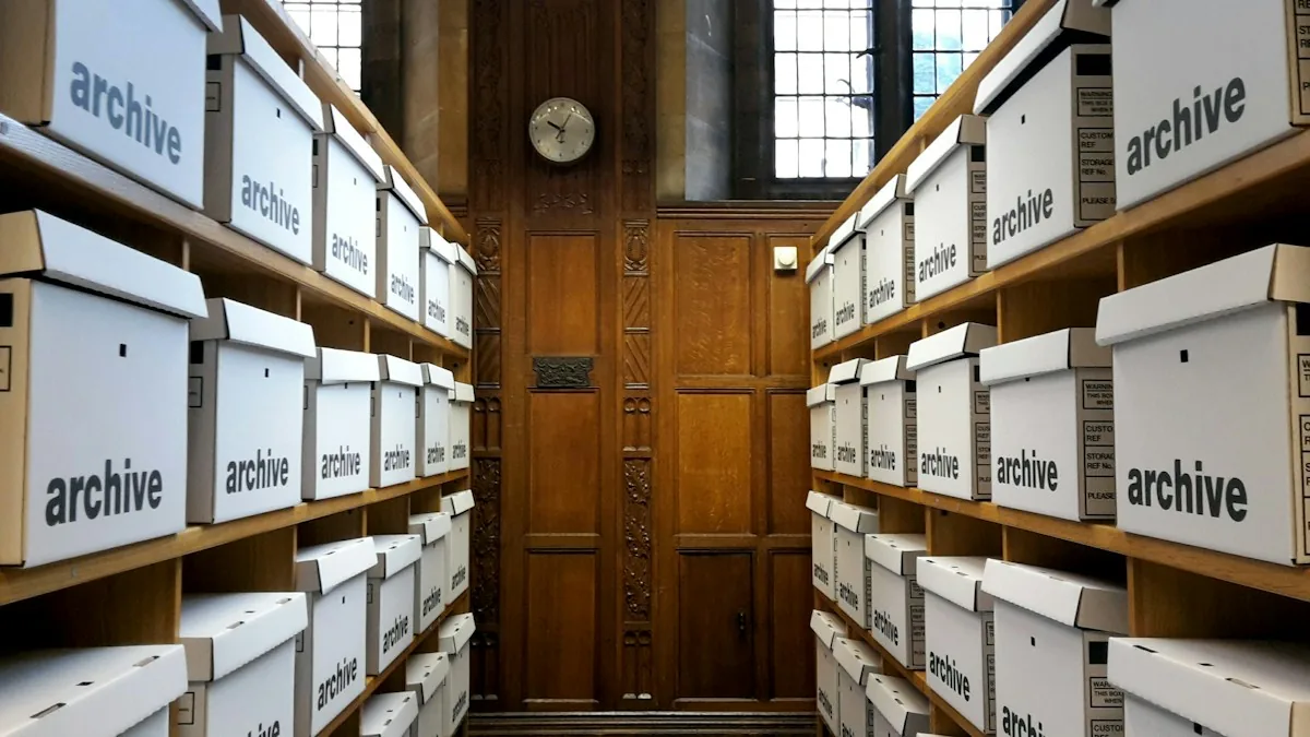 Archive storage boxes arranged on wooden shelves on both sides of an aisle.