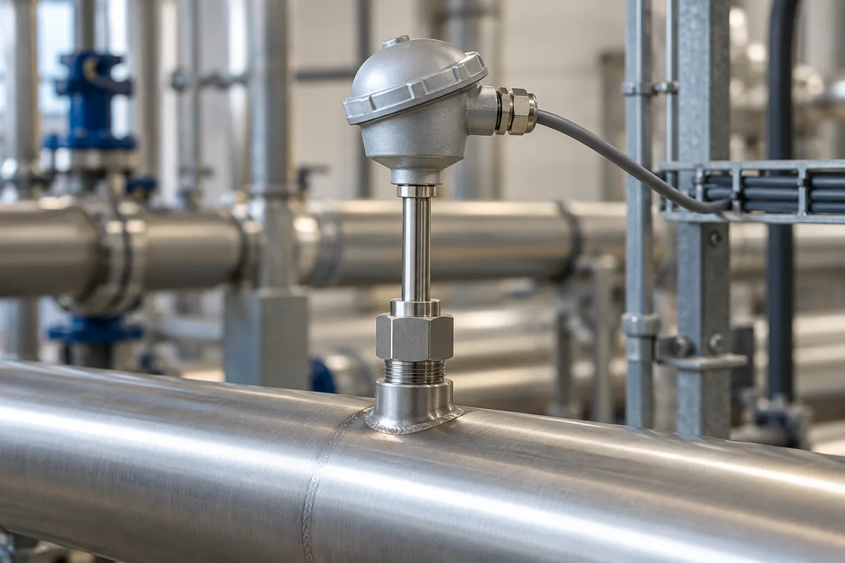 Illustrative concept of a closed industrial temperature-probe head and metal extension fitted above a stainless pipe.