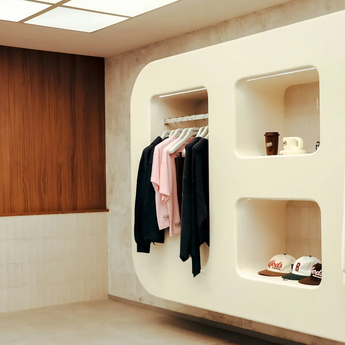 Clothing and hats displayed in illuminated niches beside wood wall panels