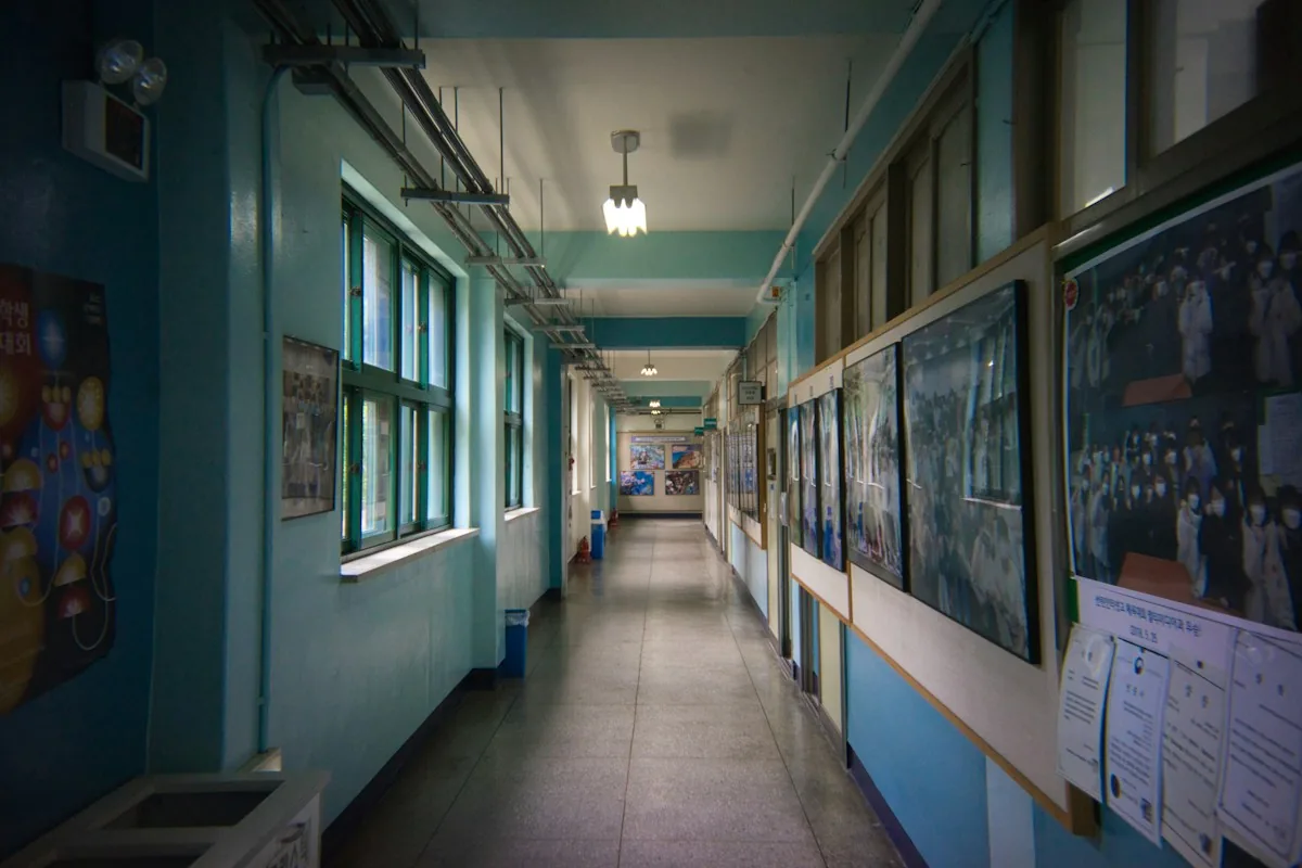 School corridor with ceiling lights, classroom windows and wall displays