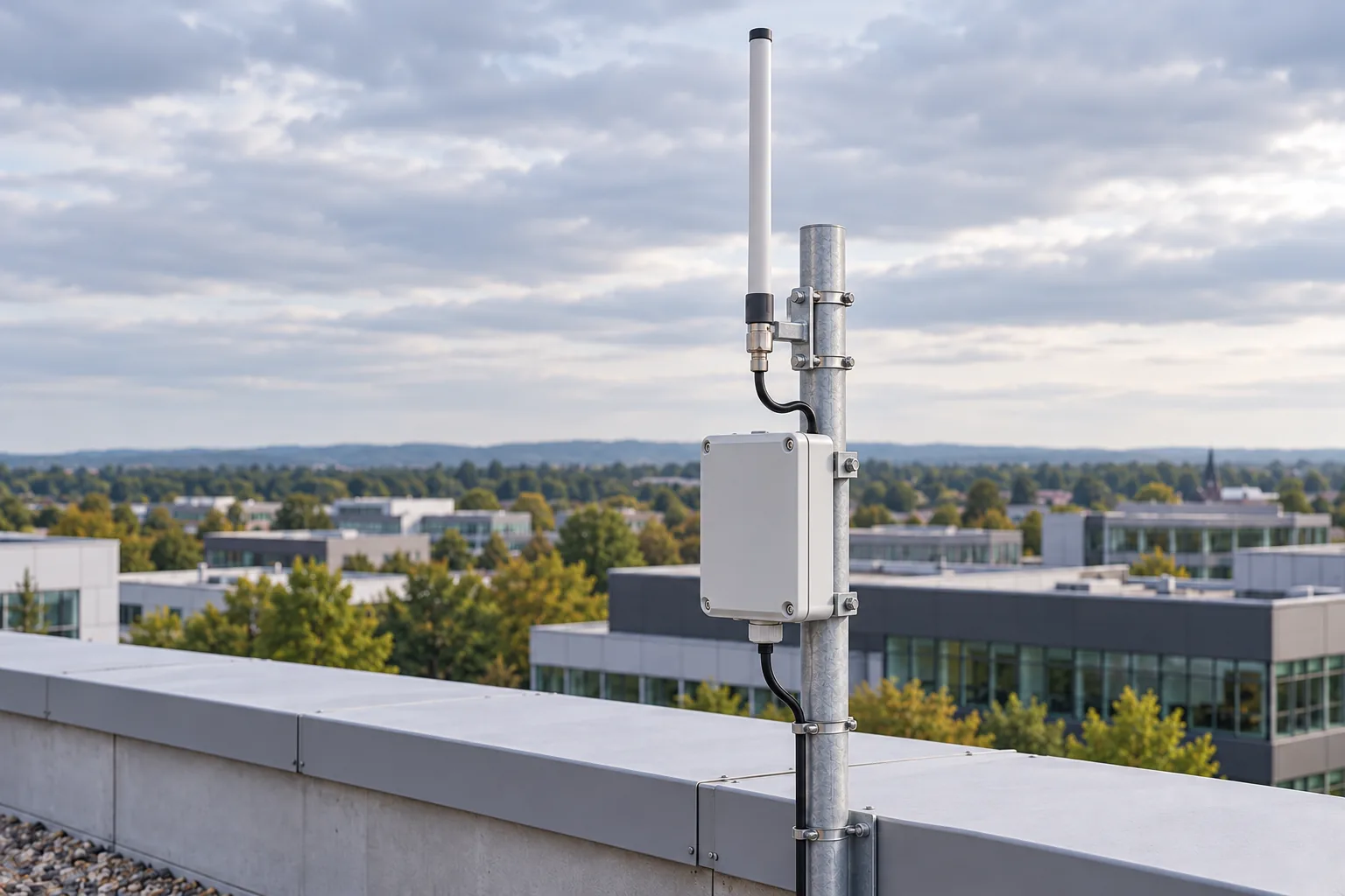 Illustrative concept of a rooftop low-power radio gateway with a white antenna secured to its pole by a metal bracket and clamps.