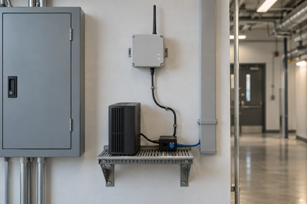 Illustrative concept of an indoor low-power radio gateway beside a compact battery-backup unit and network power equipment.