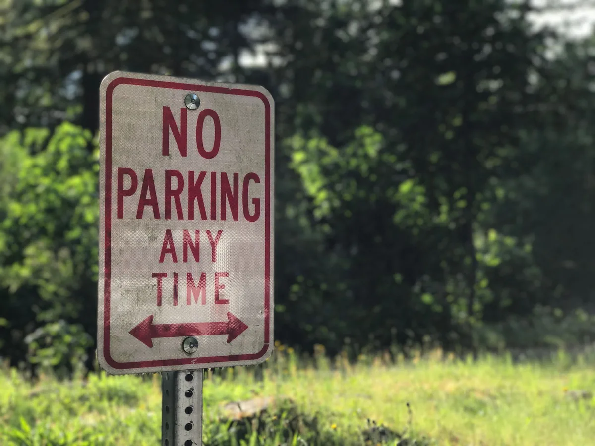 Red and white no-parking-any-time sign beside grass and trees.