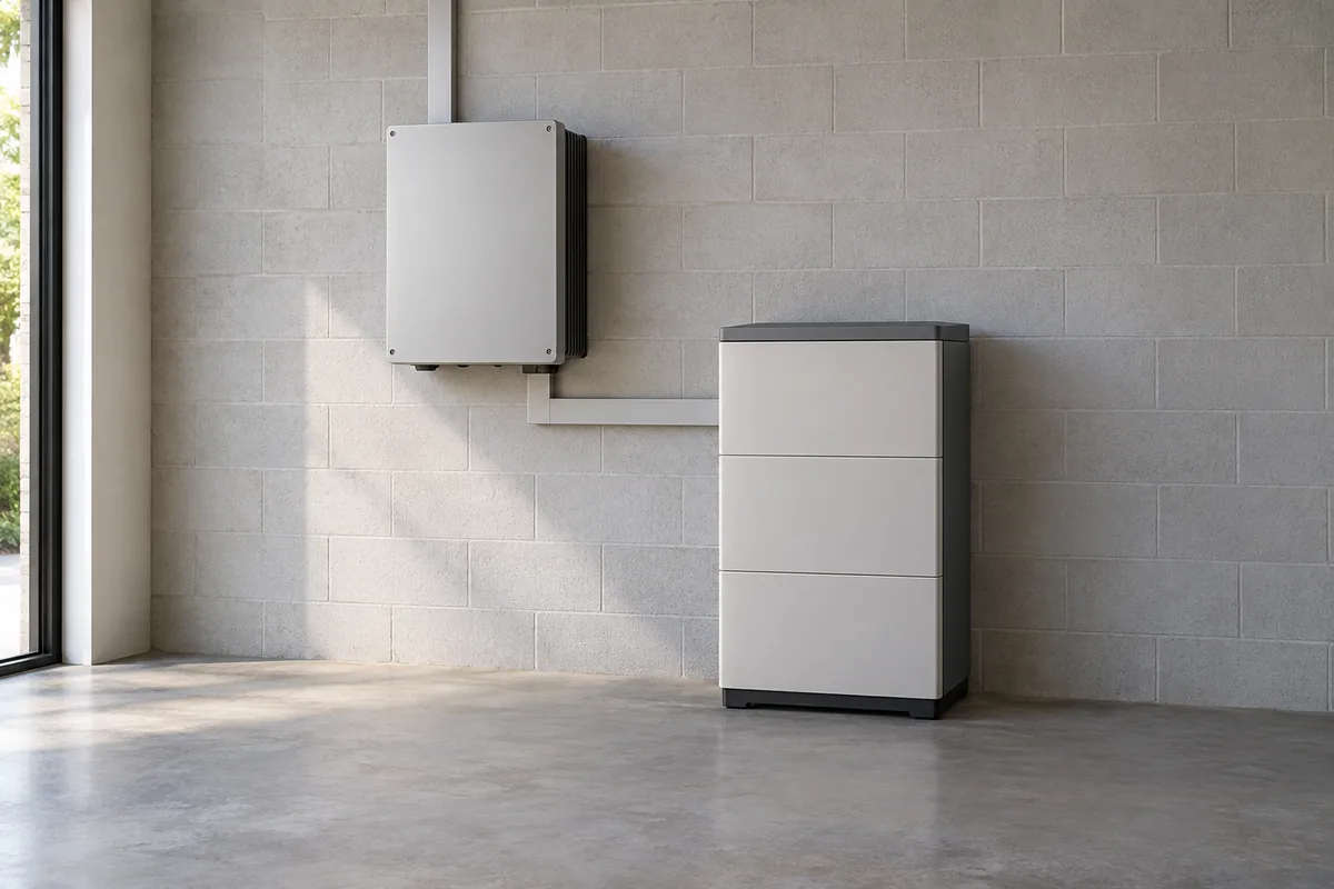 Illustrative concept of an enclosed wall-mounted solar inverter beside a compact floor-standing battery cabinet in a utility room.