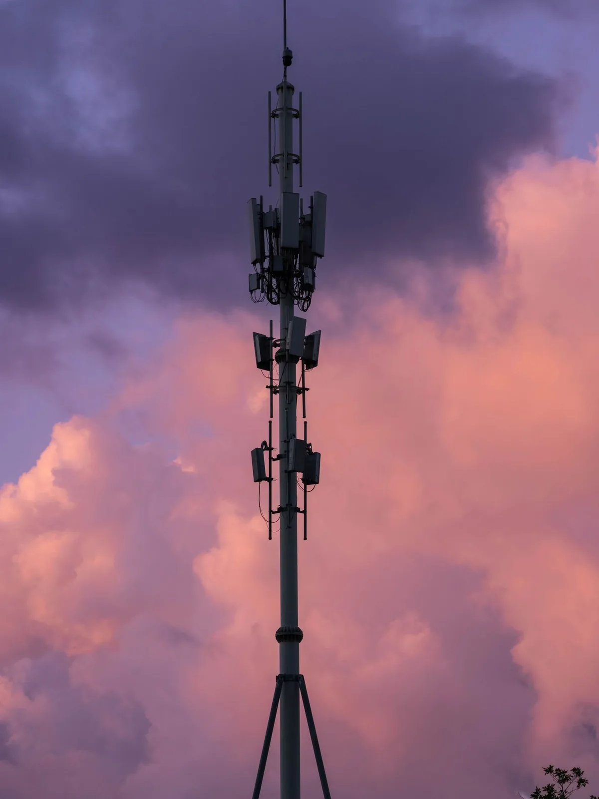 Cellular antennas mounted on a mast against pink and purple evening clouds.