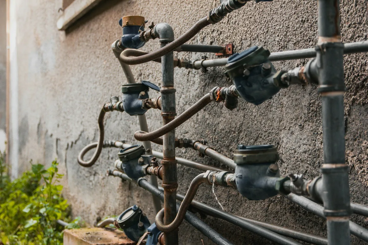 Several water meters and connected metal pipes mounted along an exterior wall.