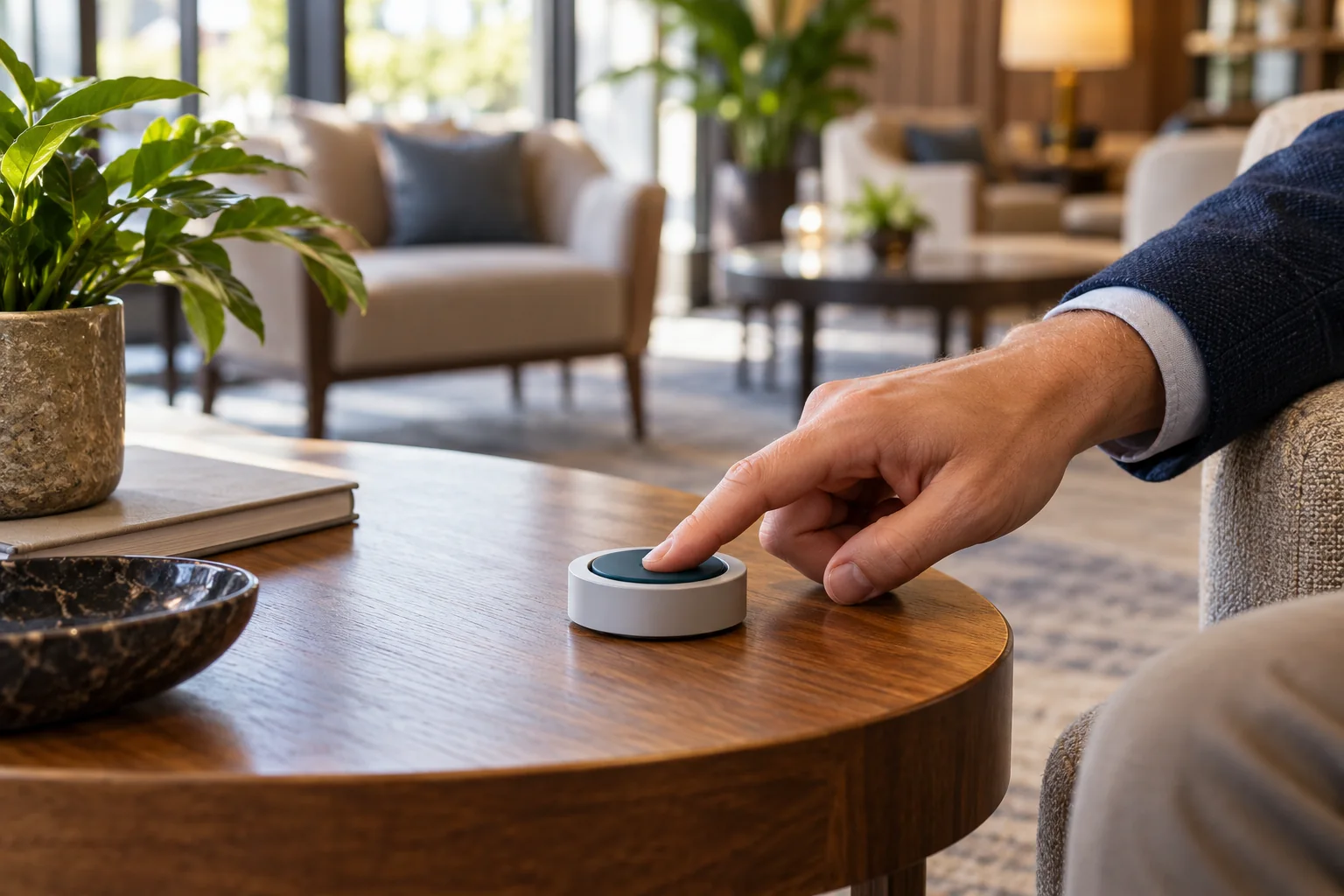 AI-generated conceptual scene of a guest pressing a plain service-request button on a table in a shared lounge.