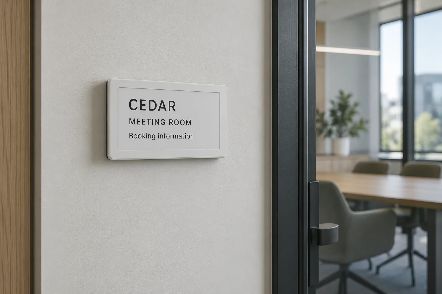 AI conceptual image of an unbranded e-paper room sign beside a glass meeting-room door.