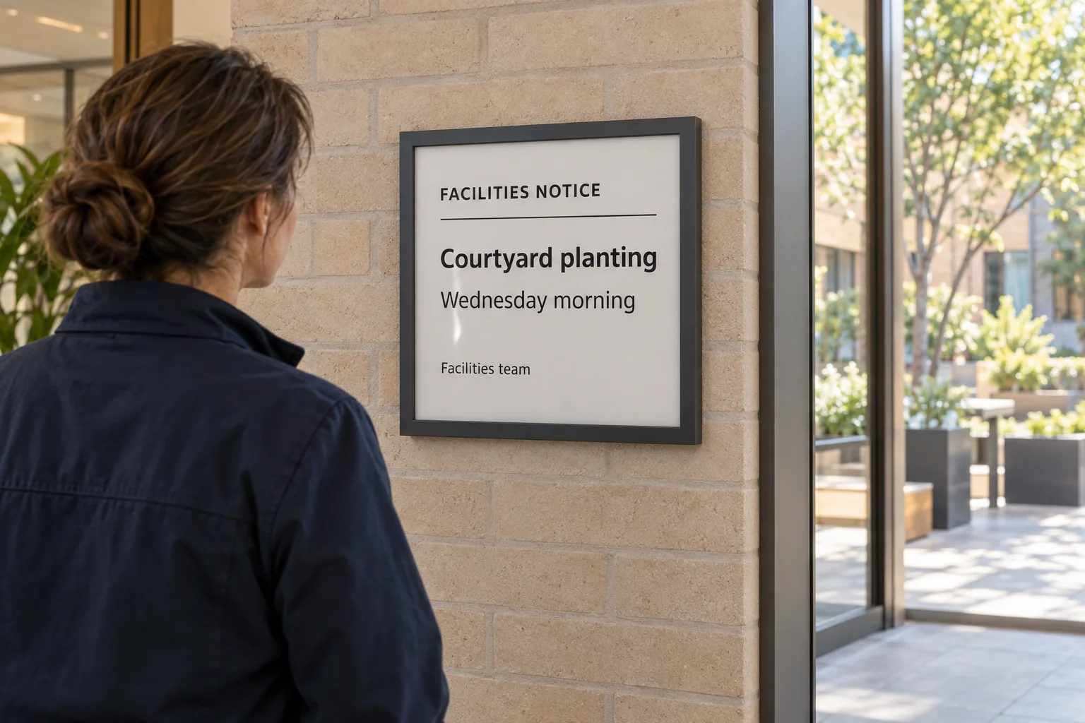 AI conceptual image of a facilities worker reading a courtyard-planting notice on an unbranded e-paper display.