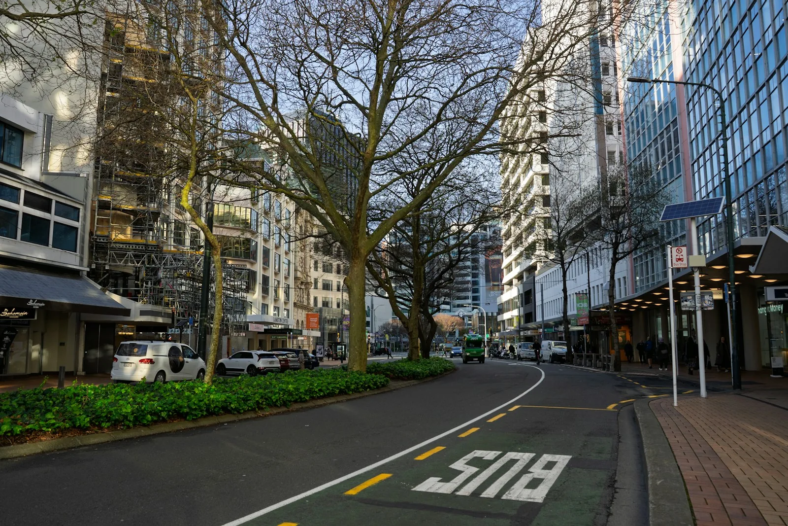 A green bus lane curves along a city street beside office buildings.