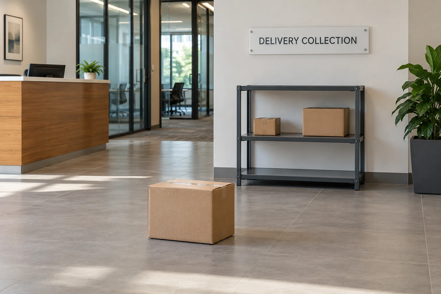 AI conceptual scene of a parcel on an office reception floor outside a labeled delivery collection shelf.