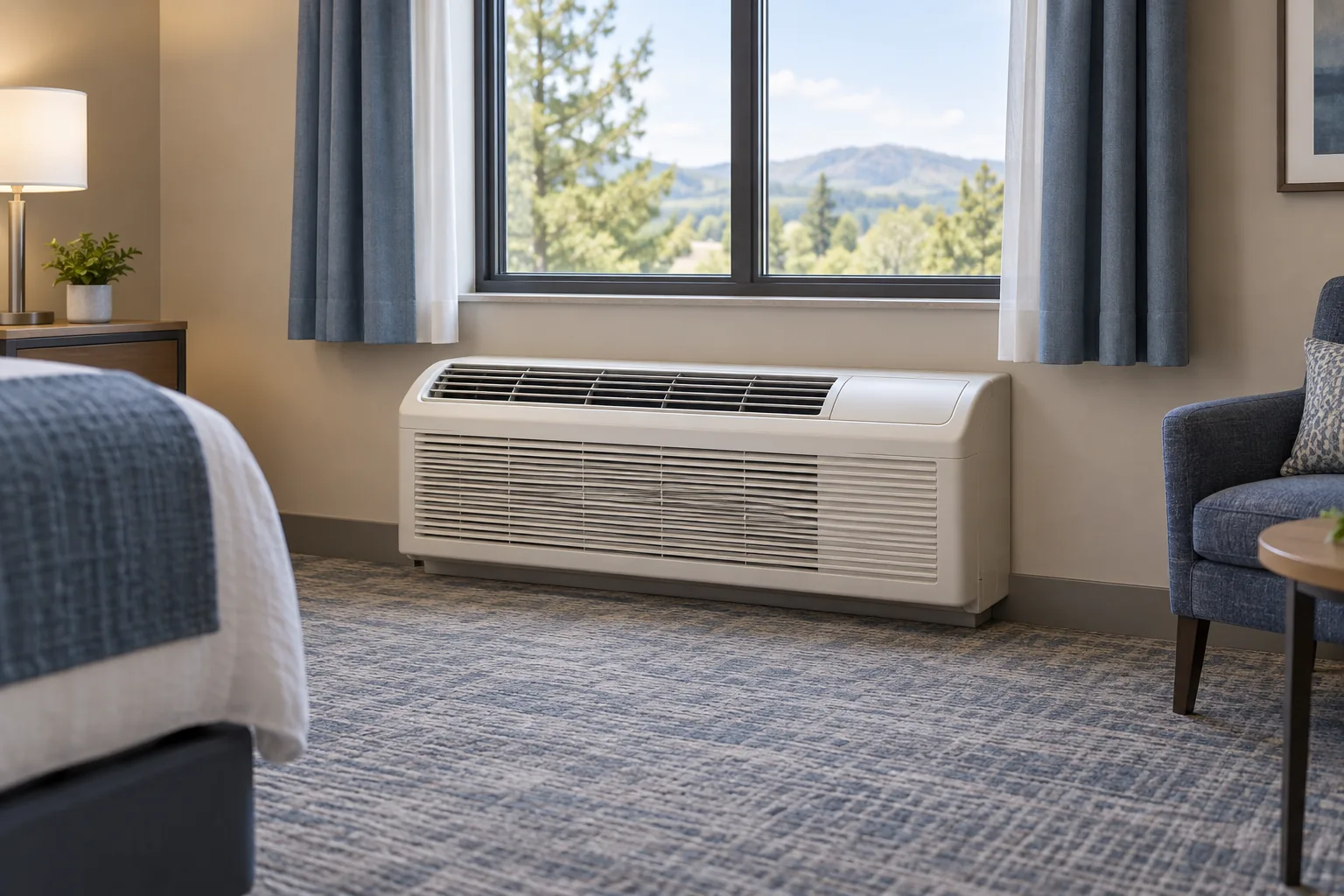 AI conceptual visualization of an unbranded packaged terminal air conditioner installed below a hotel-room window.