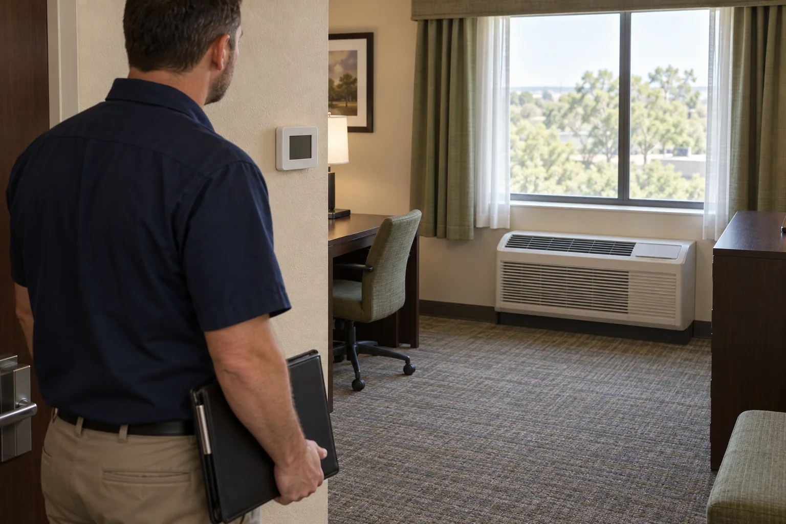 AI conceptual visualization of a facilities assessor beside a wall thermostat, with a packaged terminal air conditioner visible below a hotel-room window.