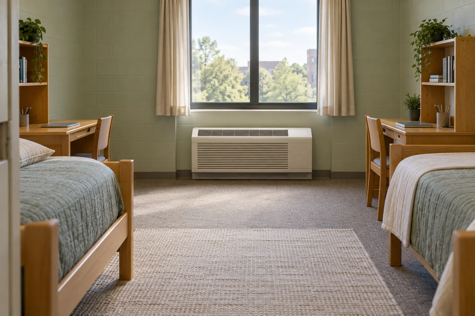 AI conceptual visualization of an empty student dormitory with twin beds, study desks and a packaged terminal air conditioner below the window.