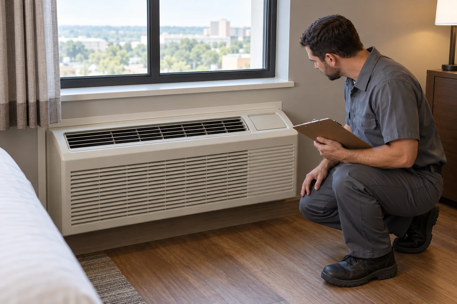 AI conceptual visualization of an HVAC technician holding a clipboard while visually inspecting a closed packaged terminal air conditioner in a hotel room.