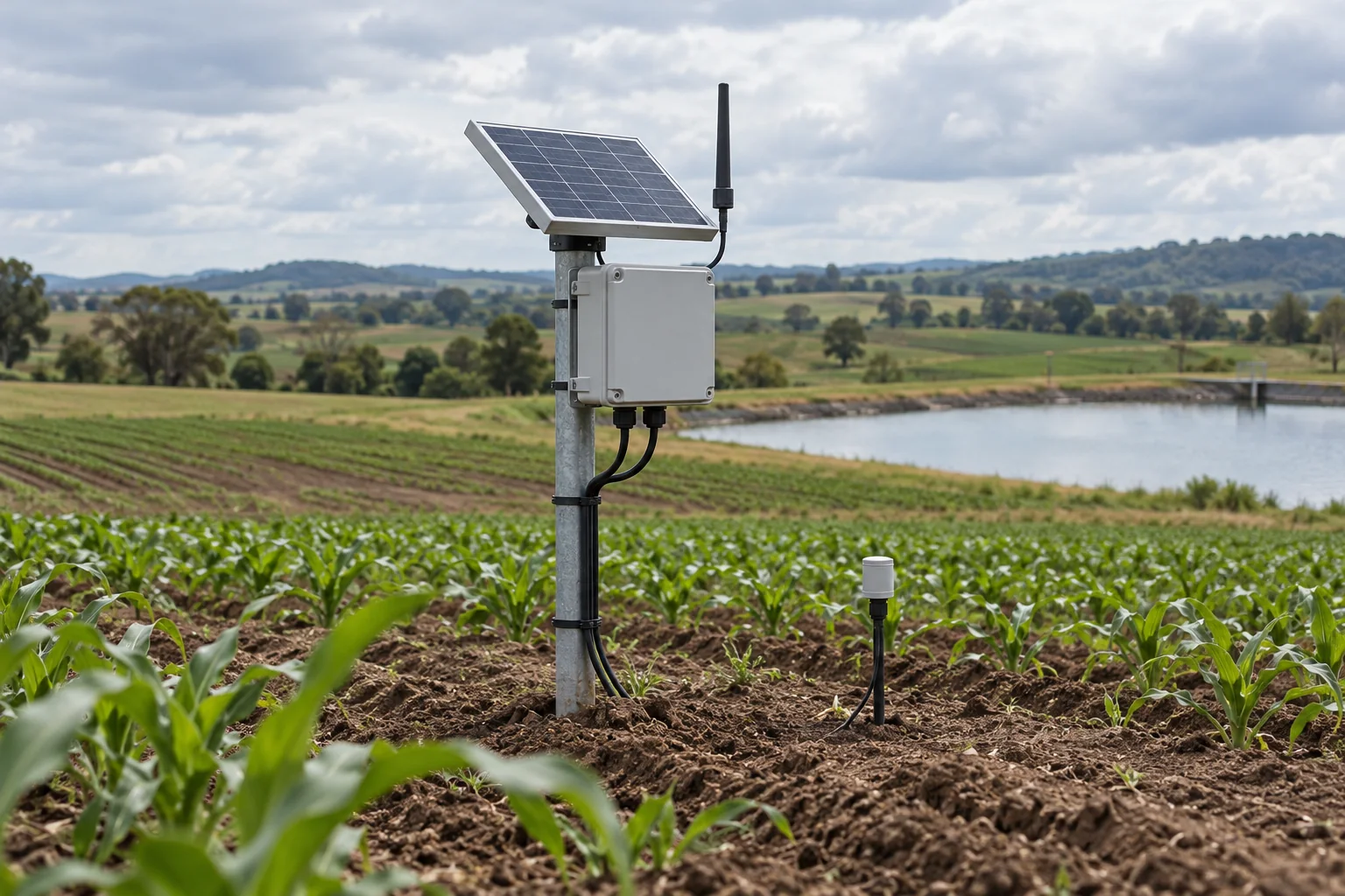 AI-generated conceptual field sensor station with a small solar panel, rigid antenna and closed enclosure beside crops and a reservoir.