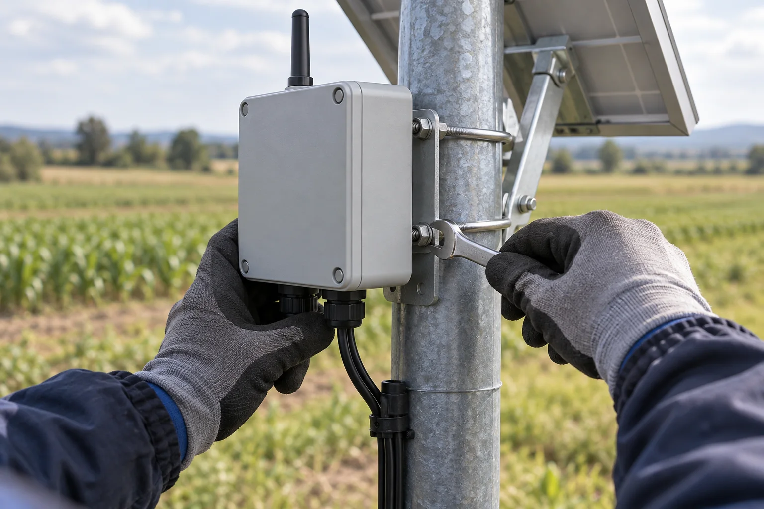AI-generated conceptual close-up of gloved hands checking the bracket and cable entry of a pole-mounted outdoor enclosure beside farmland.