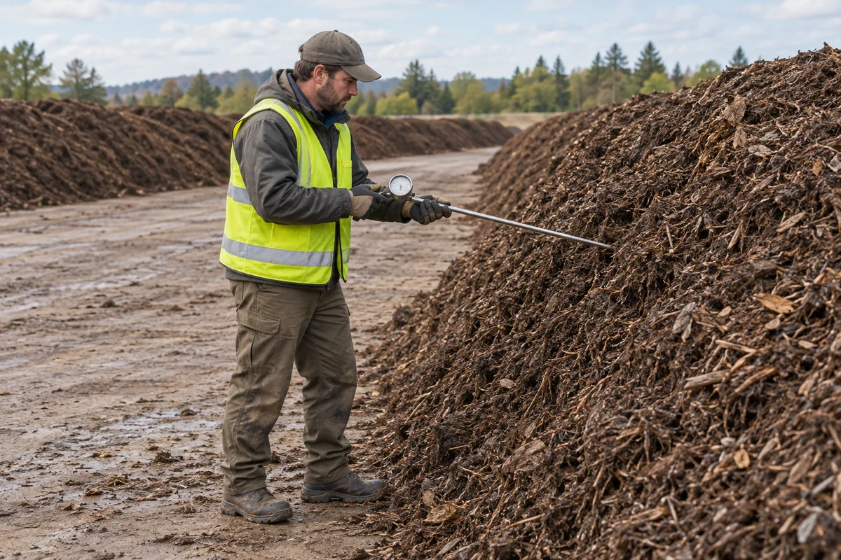 AI conceptual visualization of an operator using a long insertion thermometer in a large compost windrow at a processing yard.