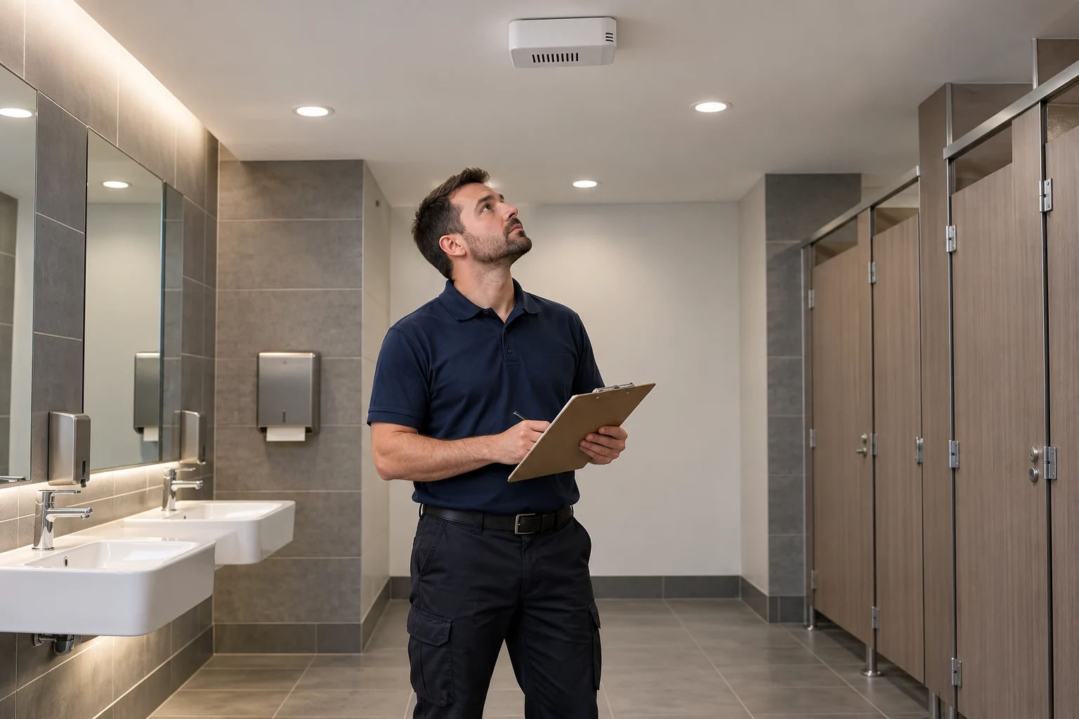 AI conceptual scene of a facilities worker assessing a ceiling environmental-sensor enclosure in an otherwise empty commercial restroom.