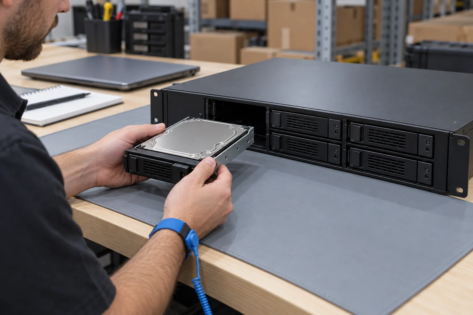 Conceptual illustration of a technician holding a sealed hard-drive tray beside a storage chassis on a warehouse IT workbench.