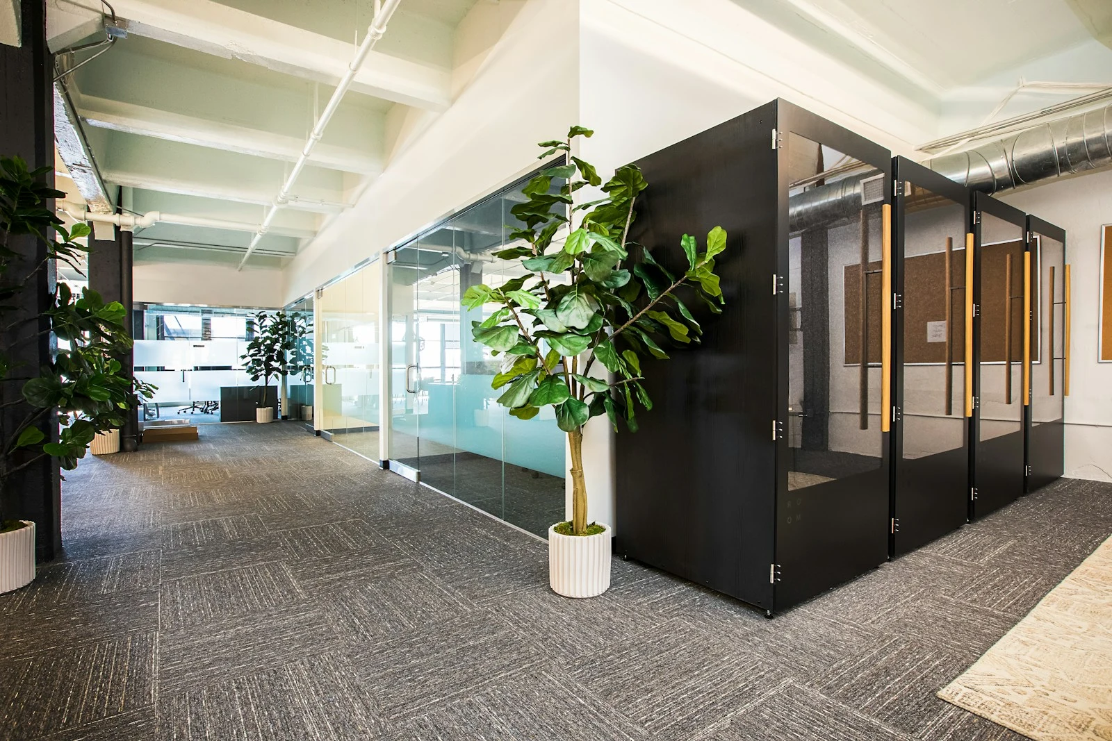 Glass-fronted meeting rooms and private booths along an office circulation area.