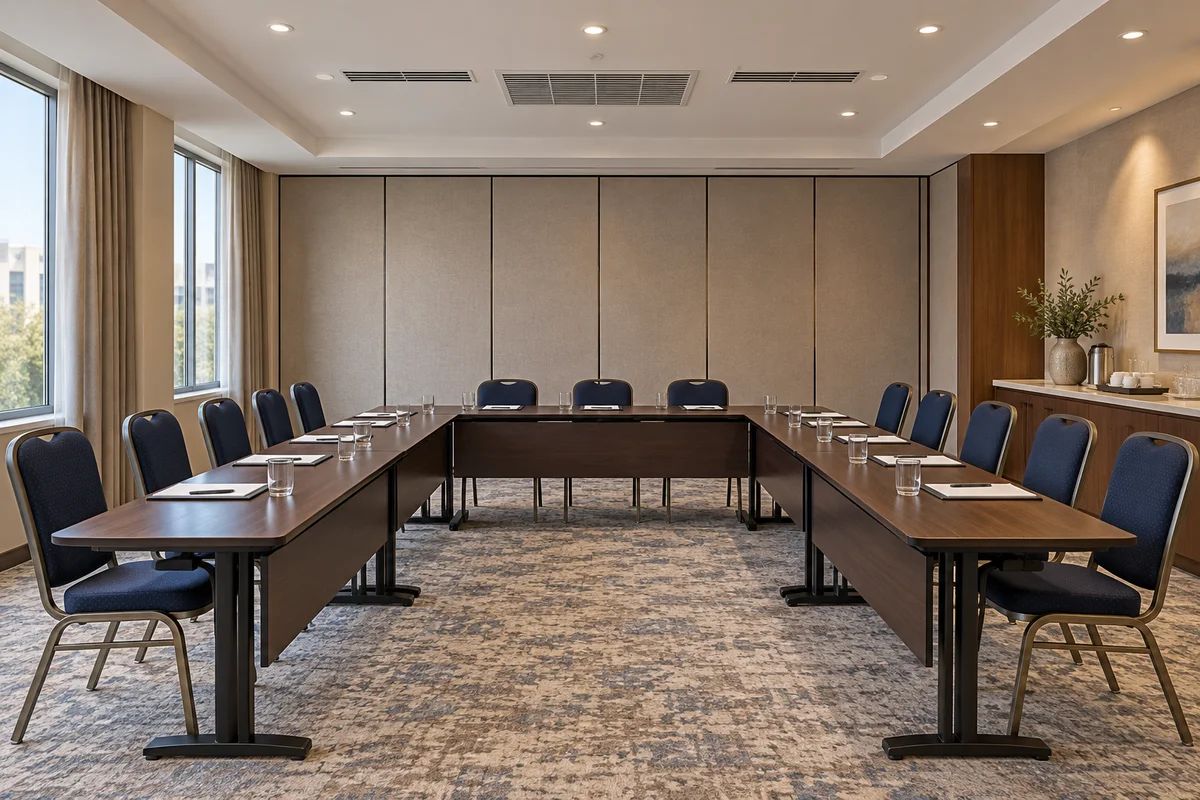 AI conceptual hotel conference room with seminar seating and visible ceiling ventilation grilles.