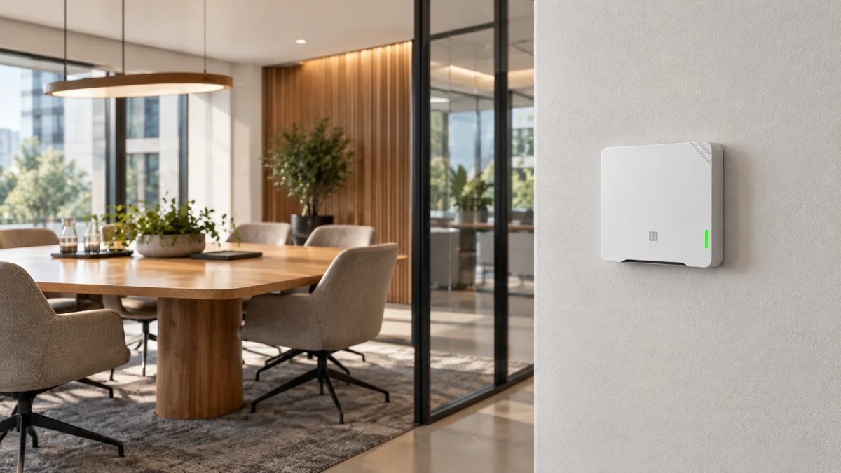 AI conceptual installation of a screenless indoor air-quality sensor on a wall beside a commercial meeting area.