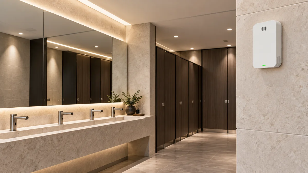 AI conceptual installation showing a screenless environmental sensor high on a wall in a commercial restroom with closed cubicles and a continuous wash counter.