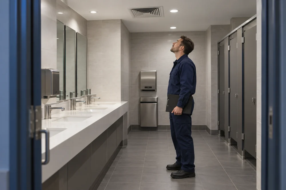 AI conceptual scene of a facilities worker inspecting ventilation in a commercial restroom.