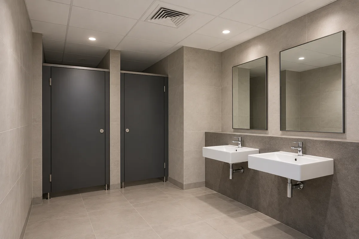 AI conceptual office restroom with closed cubicles, washbasins and a visible ceiling ventilation grille.
