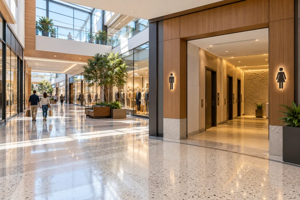 AI conceptual shopping-center concourse with storefronts and a public restroom entrance.