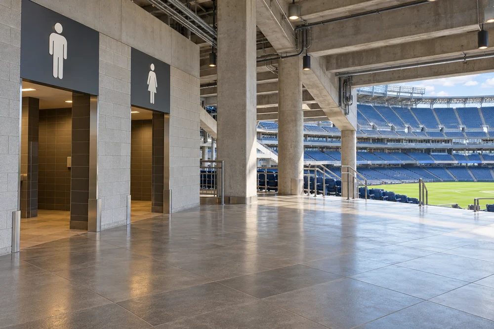 AI conceptual stadium concourse with restroom entrances beside seating and a playing field.